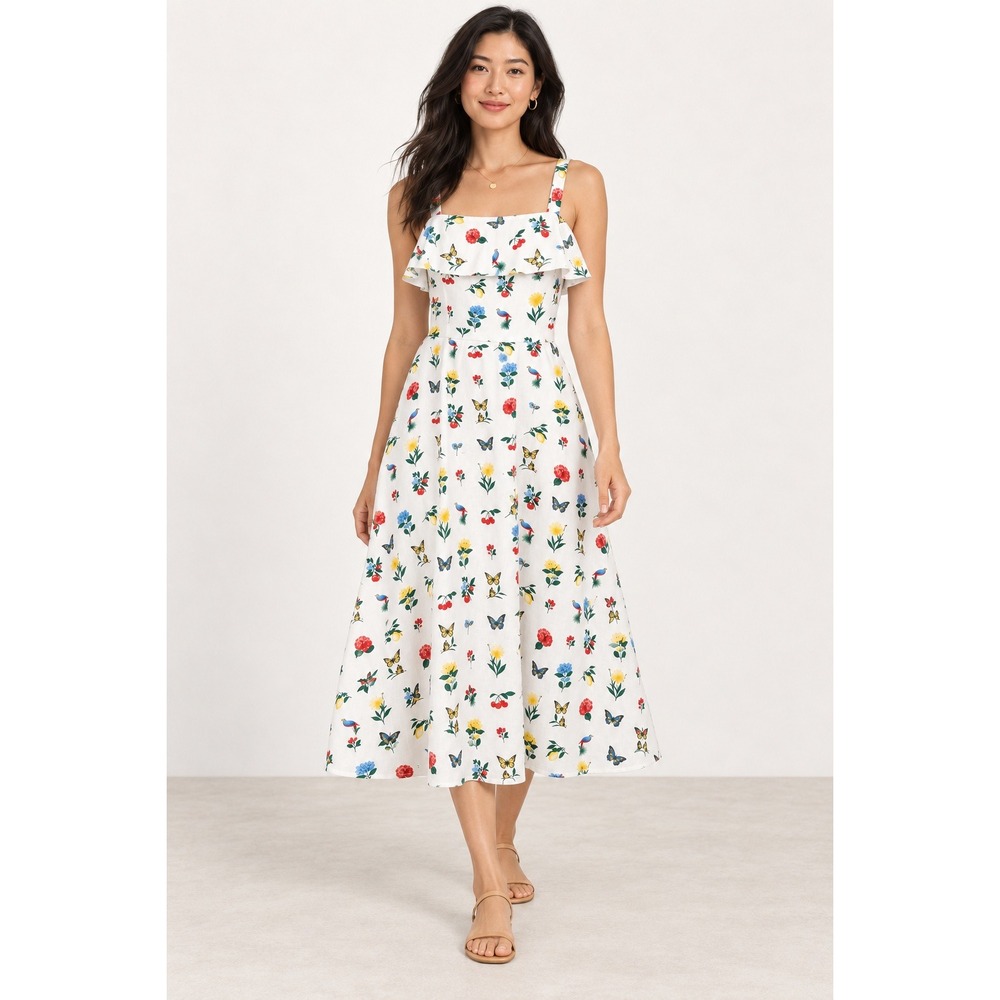 Ann Taylor Botanical Bird Butterfly Linen Ruffle Midi Dress Size 4 NWT